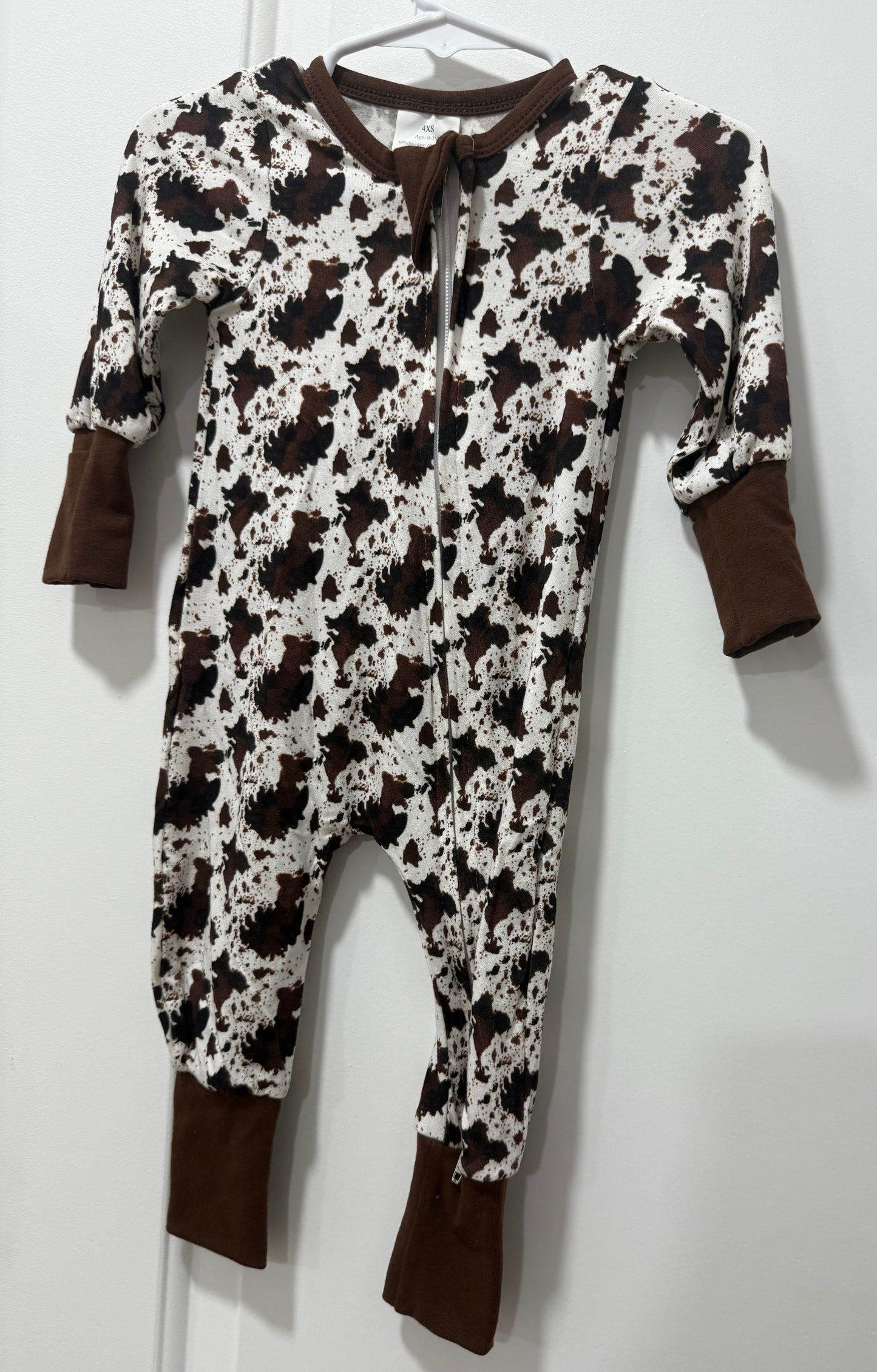 Bamboo Double Zipper PJs with Covered Feet and Mittens - Cow Print