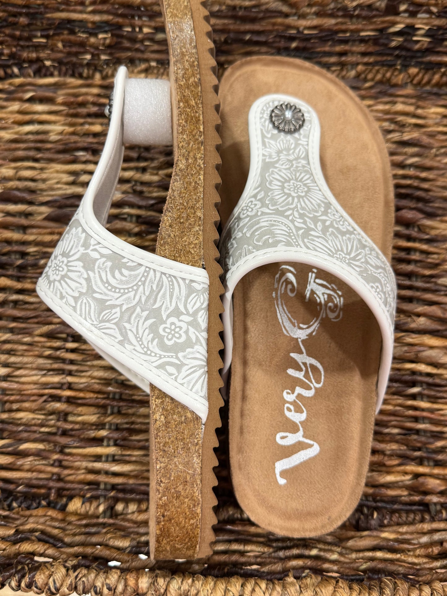 White Tooled Leather Sandals