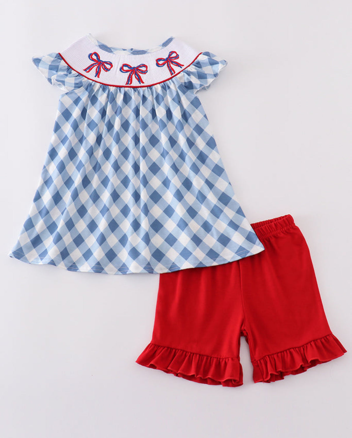 Blue Bow Embroidery Smocked Set