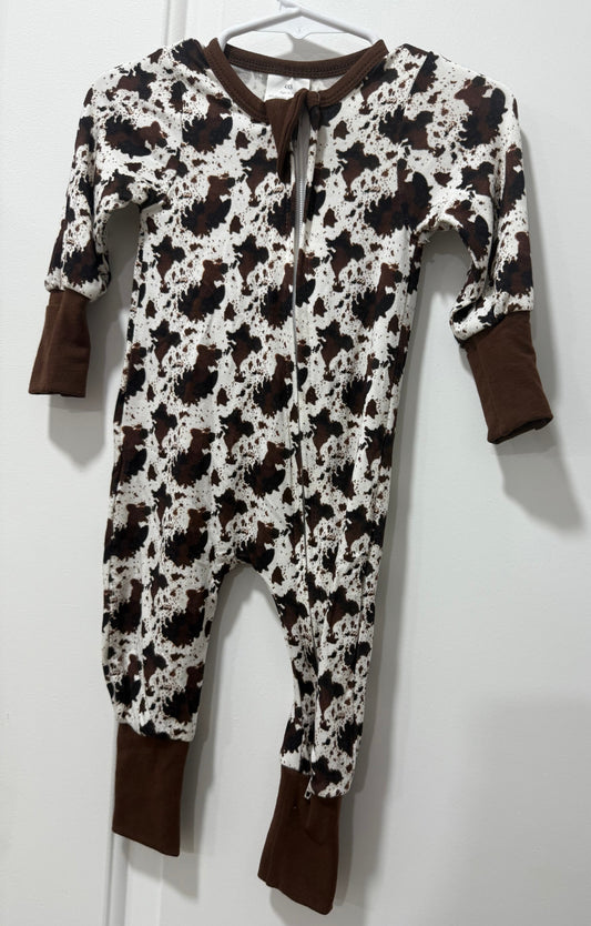 Bamboo Double Zipper PJs with Covered Feet and Mittens - Cow Print